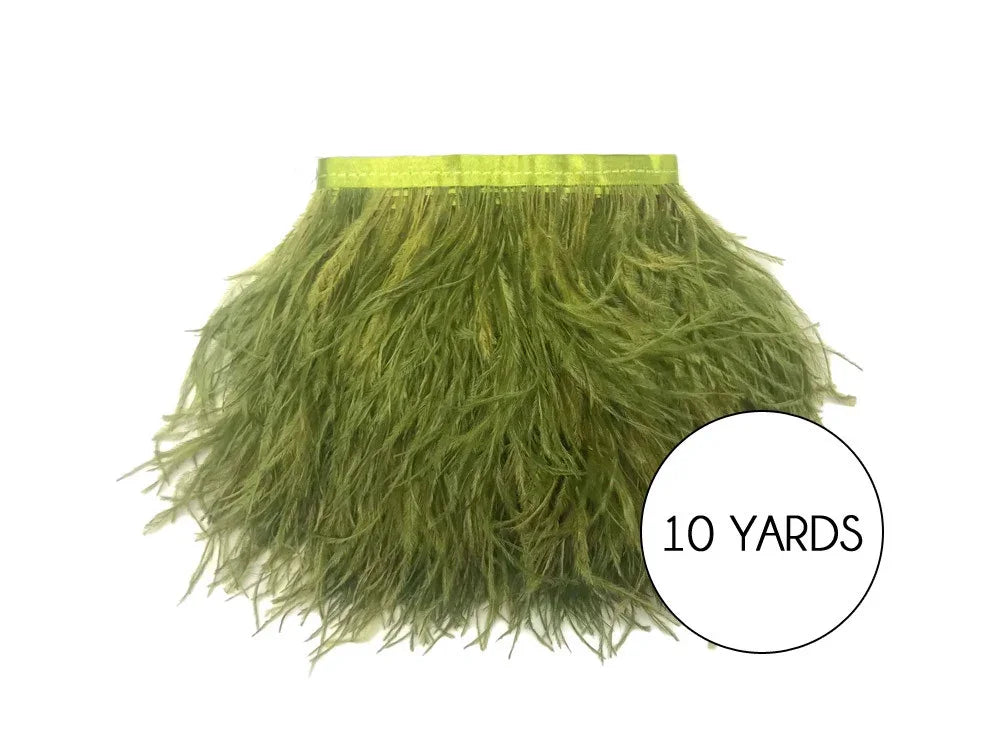 10 yards of olive green ostrich feather trim for DIY crafts and fashion decor.