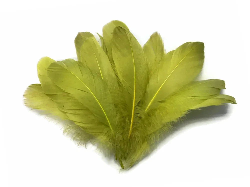 Vibrant lime green feathers for DIY crafts and fashion décor on a white background.
