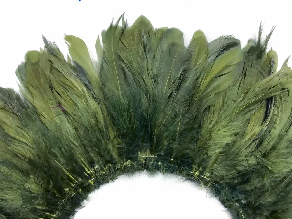 Green natural feathers arranged in a decorative arch for crafts and fashion DIY supplies.