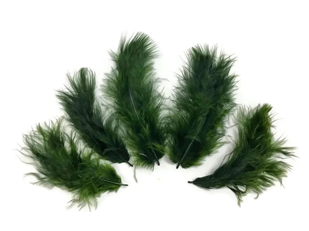 Five vibrant green ostrich feathers for DIY crafts and fashion decor on a white background.