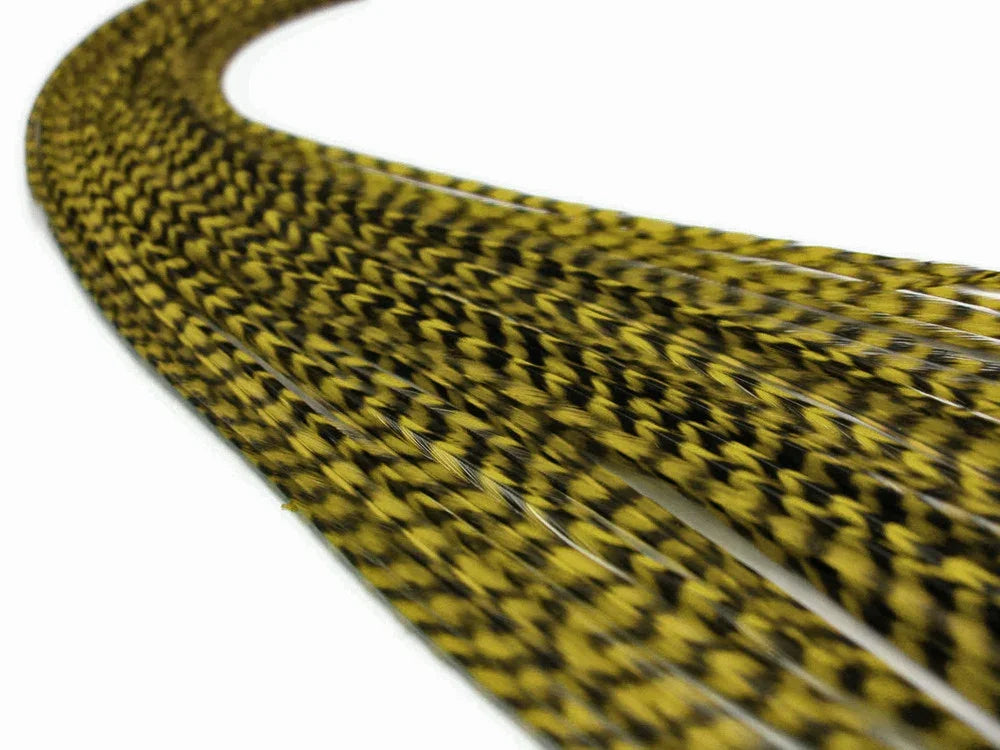Yellow and black patterned feather hair extensions for DIY crafts and fashion.