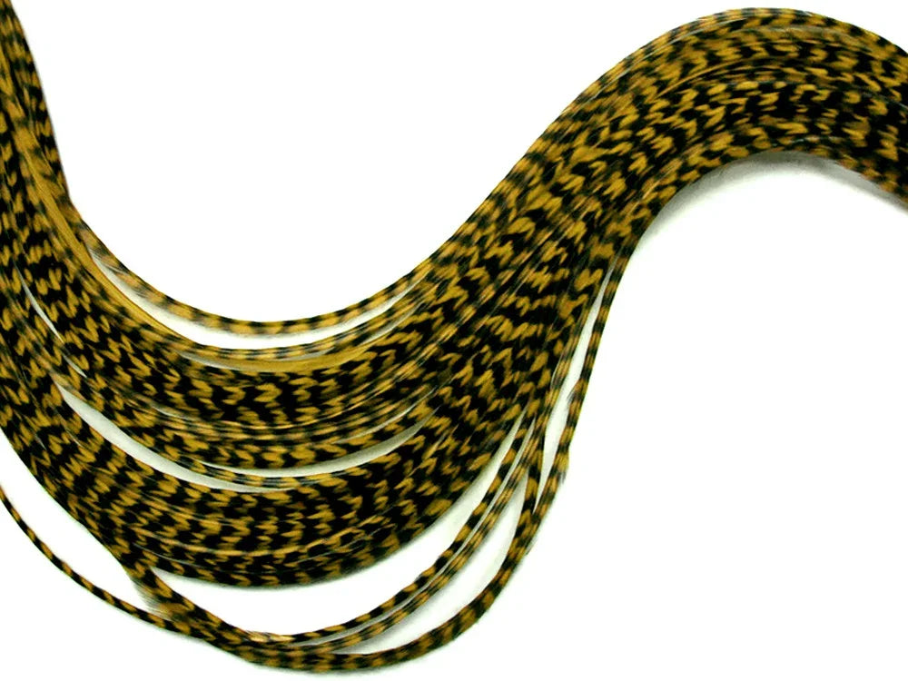 Black and gold patterned decorative craft feathers for DIY fashion and decor.