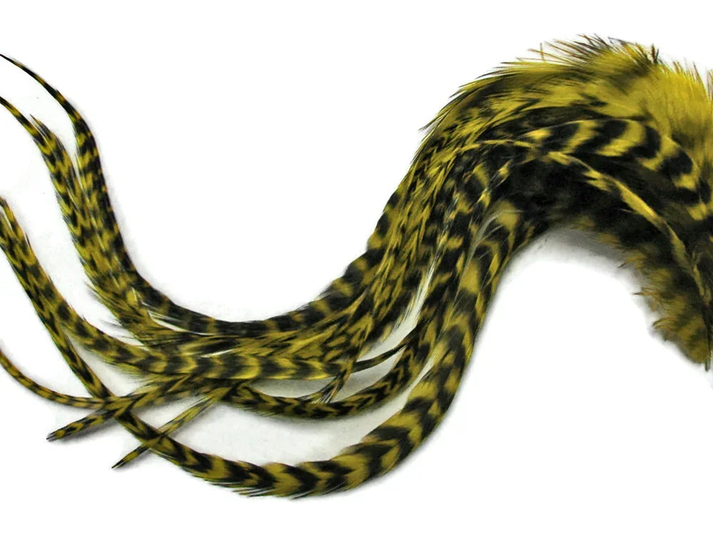 Striped yellow and black decorative feathers for crafts and fashion DIY supplies.