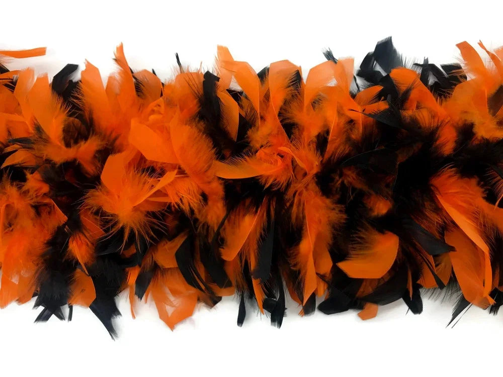 Vibrant orange and black feather boa for crafts, fashion, and DIY costume decor.
