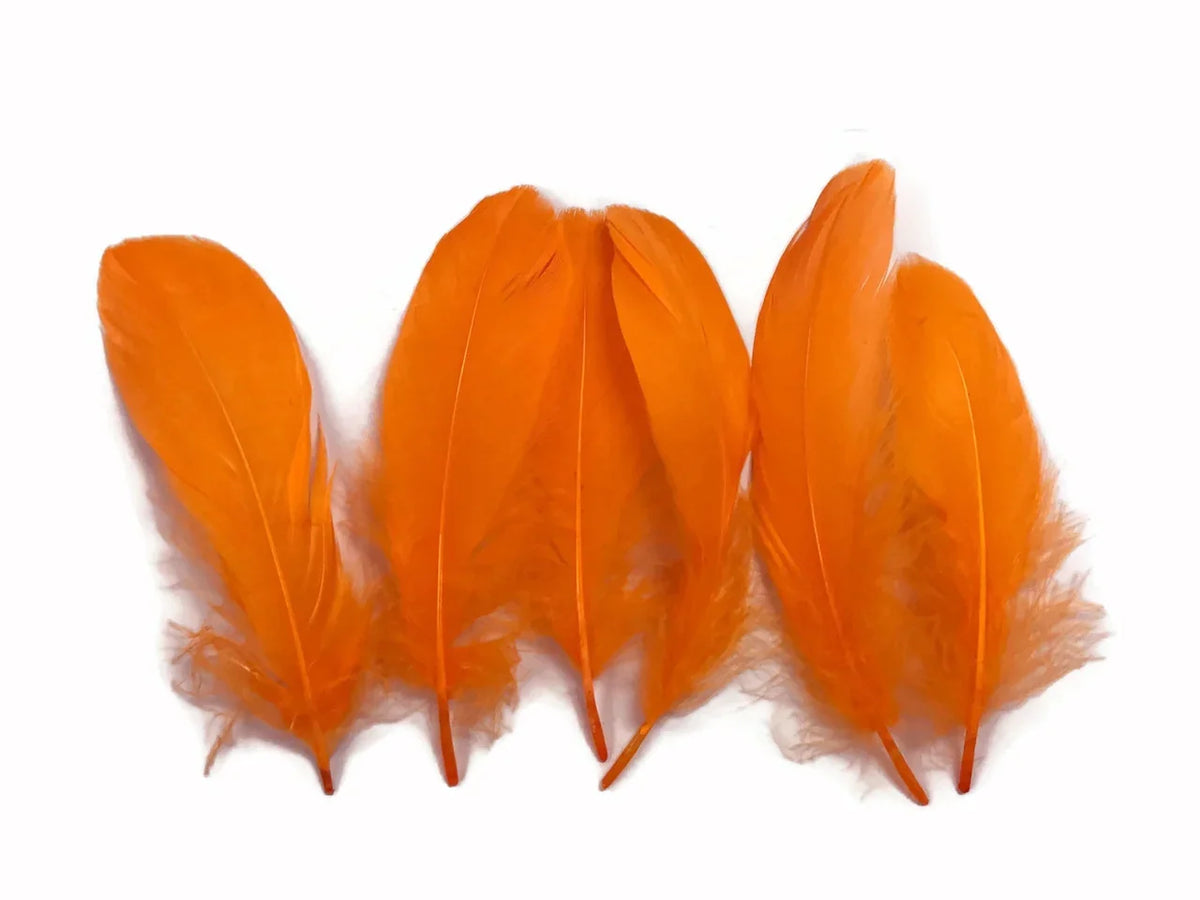 Five vibrant orange craft feathers isolated on a white background for DIY fashion and décor.