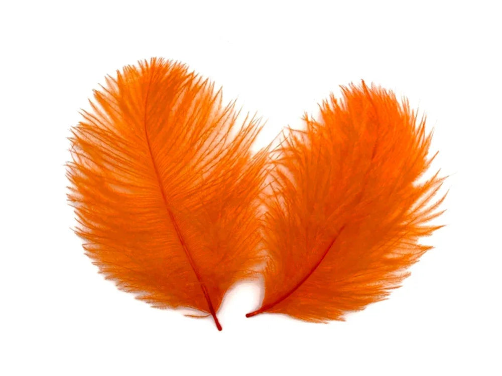 Two vibrant orange craft feathers isolated on a white background.
