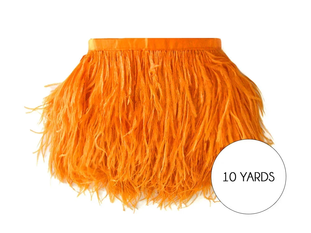 Bright orange feather trim for crafts and fashion decor, 10 yards length.