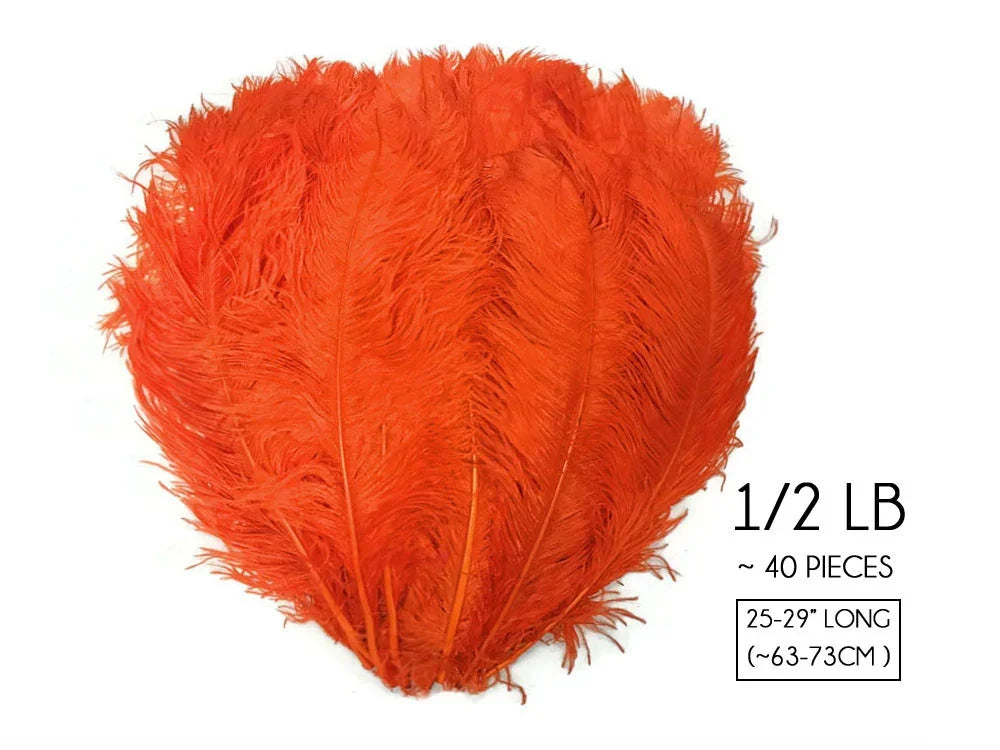 Vibrant orange ostrich feathers for crafts and fashion decor, 40 pieces, 25-29 inches long.