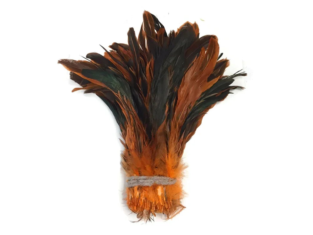 2.5 Inch Strip - 8-10" Orange Half Bronze Natural Dyed Coque Tail Strung Feathers