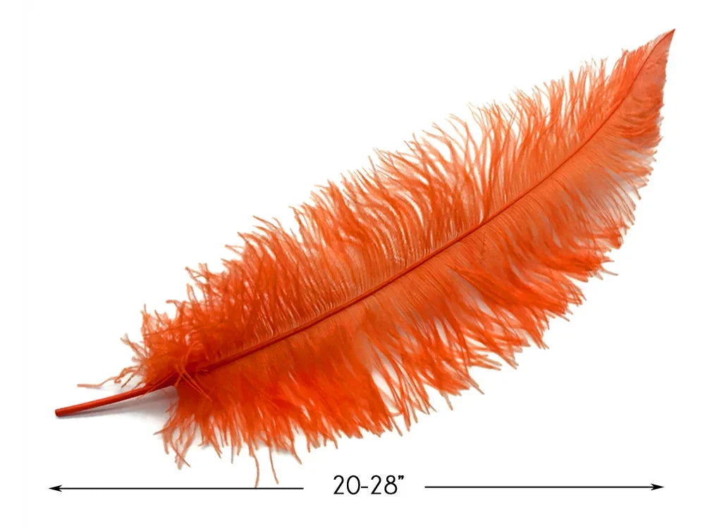 Vibrant orange ostrich feather for crafts and fashion decor, 20-28 inches long.