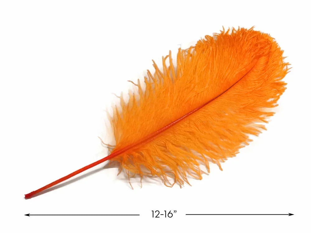Vibrant orange ostrich feather for crafts and fashion decor, 12-16 inches long.