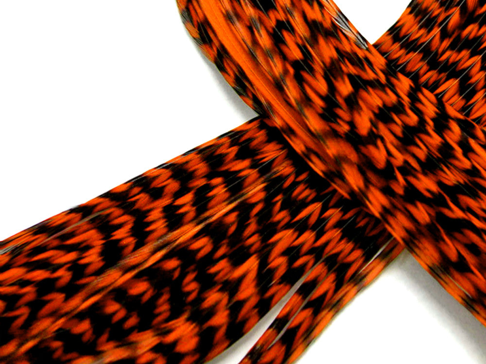 6 Pieces - XL Orange Grizzly Thin Whiting Farm Rooster Hair Extension Feathers 11” and Up
