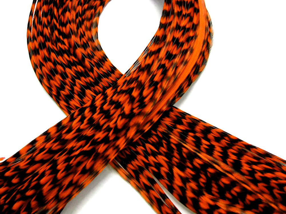 6 Pieces - XL Orange Grizzly Thin Whiting Farm Rooster Hair Extension Feathers 11” and Up