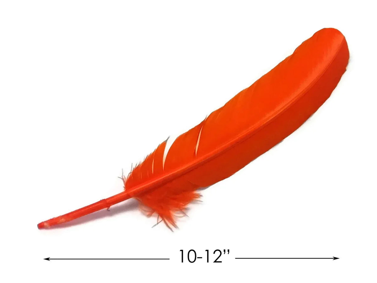Vibrant orange craft feather, 10-12 inches long, for DIY fashion and decor.