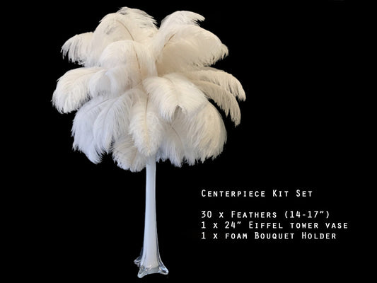 Centerpiece Kit - 30 Pieces Off White Ostrich Drabs All-In-One Centerpiece Feather Kit