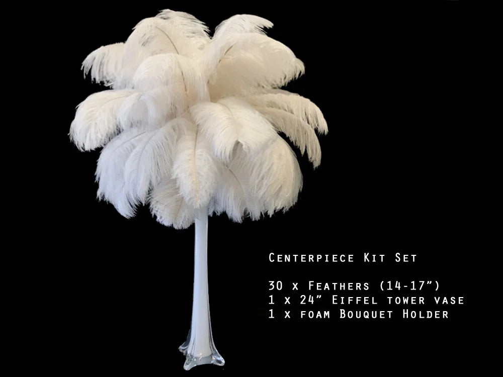 White feather centerpiece kit with 30 ostrich feathers in a 24 inch Eiffel Tower vase.