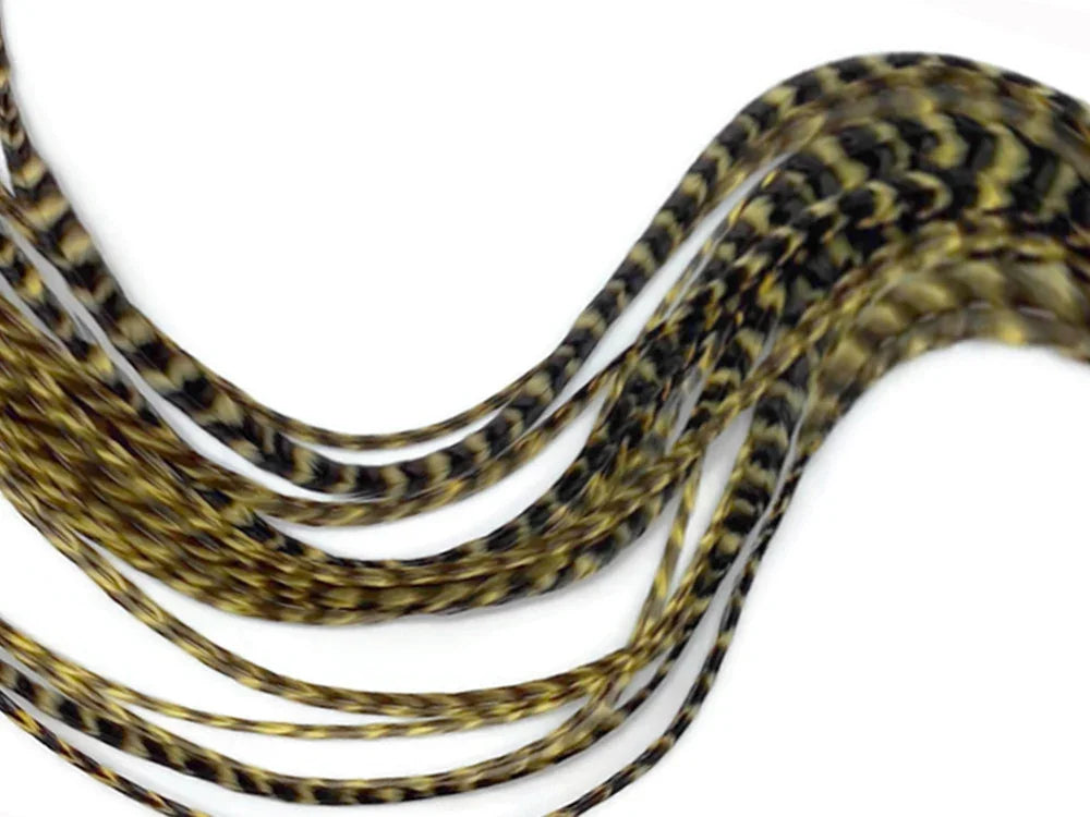 Natural patterned brown and black striped feathers for DIY crafts and fashion accessories.