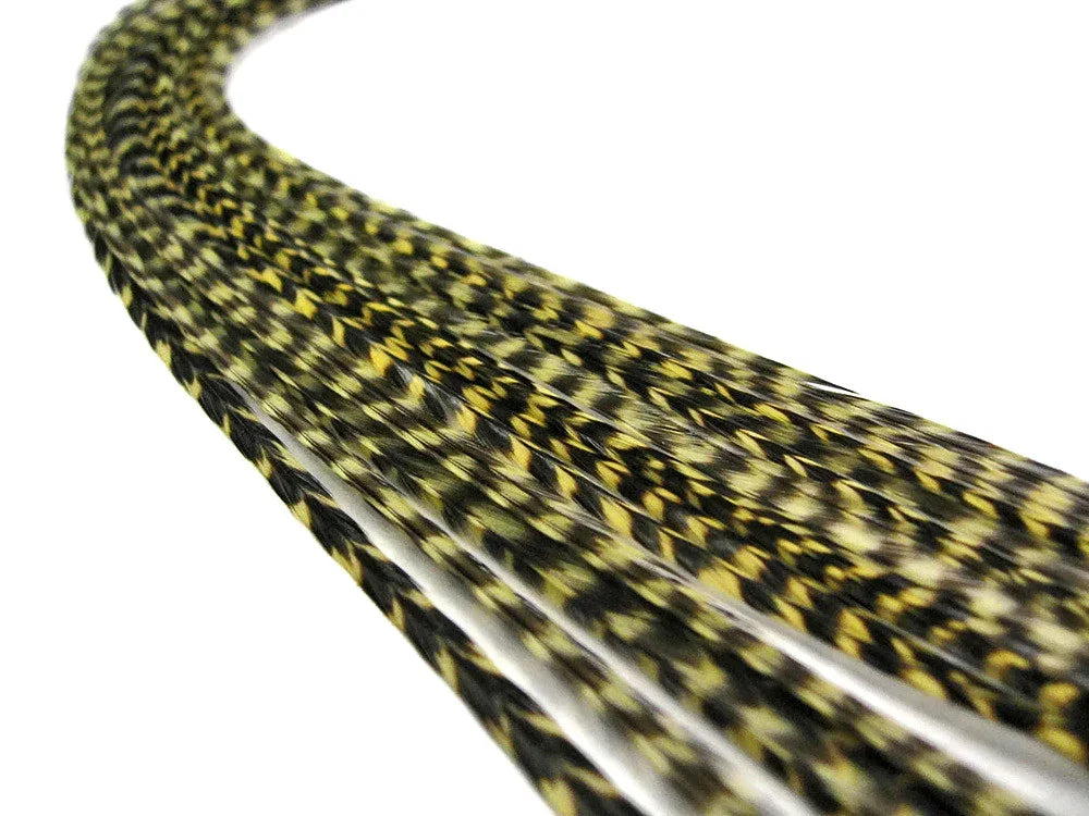 Yellow and black patterned feather hair extensions for fashion and crafts.