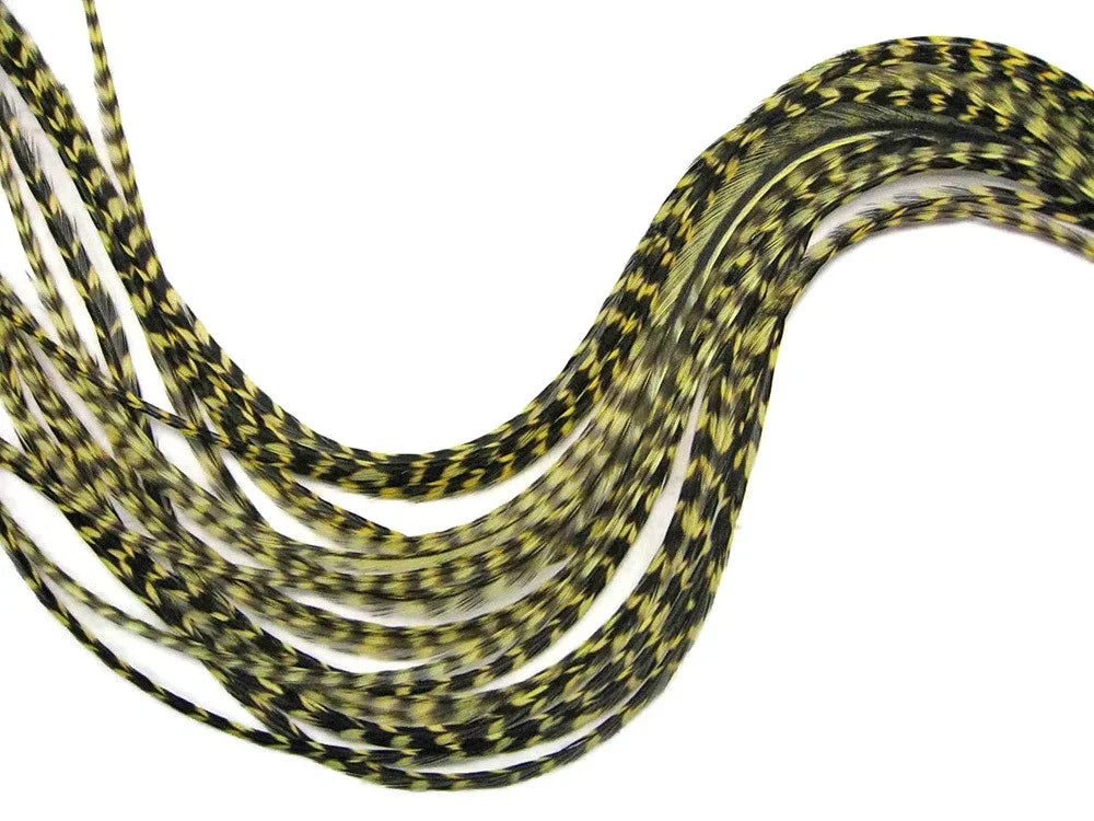 Long yellow and black patterned feathers for crafts and fashion DIY supplies.