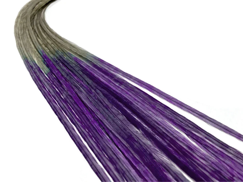 Long purple and grey dyed feathers for craft and fashion DIY supplies.