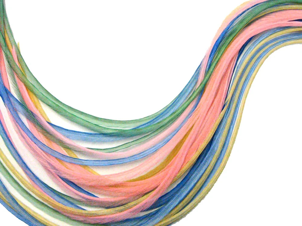 8 Strands - Pastel Mix Thin Long Whiting Farms Rooster Saddle Hair Extension Feathers