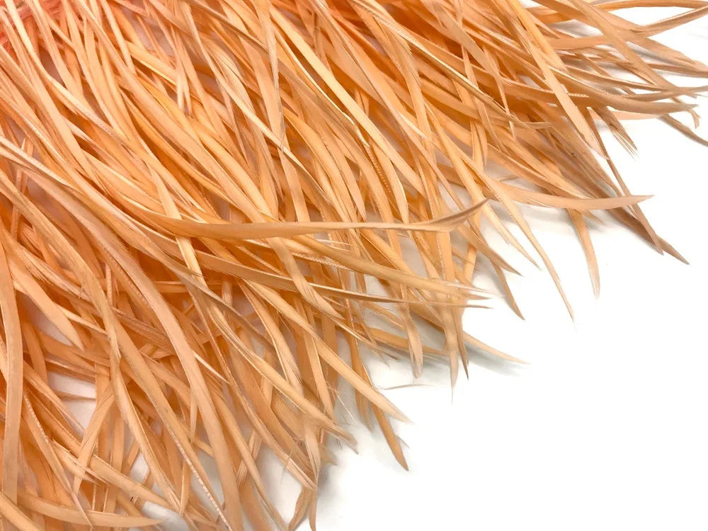 Peach colored craft feathers for DIY fashion and decorative accessories.