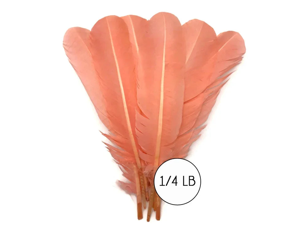 Peach colored craft feathers for DIY fashion and decor, 1/4 lb pack.