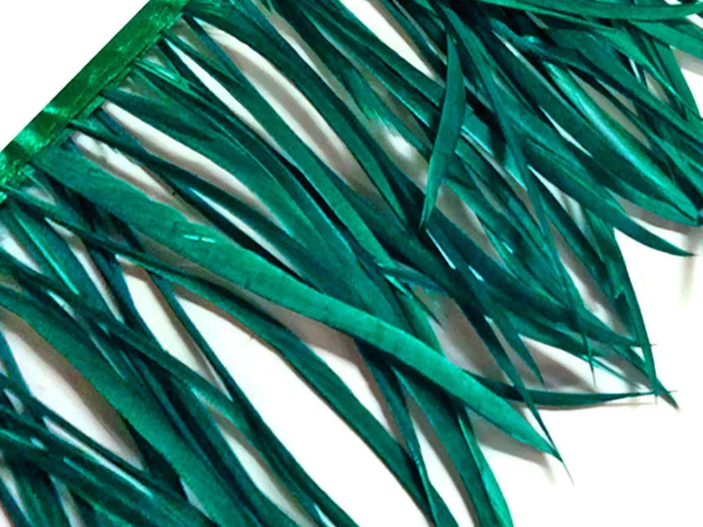 Teal green metallic feather fringe trim for fashion and DIY crafts.