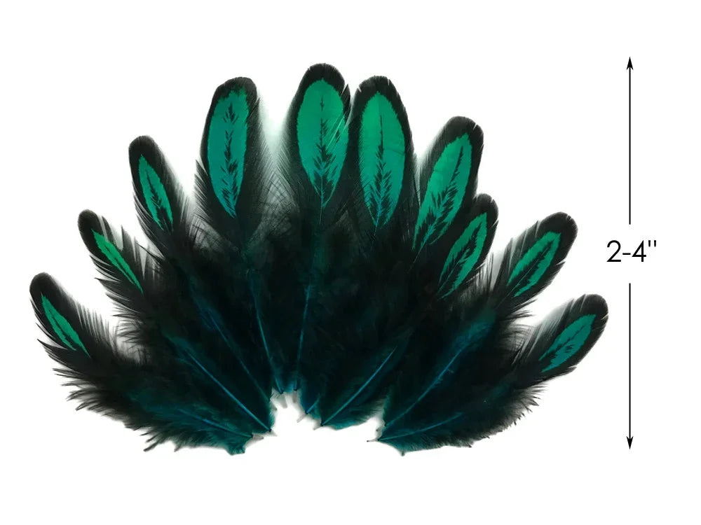 Teal and black iridescent feathers for crafts and fashion, 2-4 inches in length.