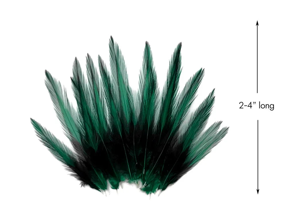 Deep green iridescent craft feathers, 2-4 inches long for DIY fashion and decor.