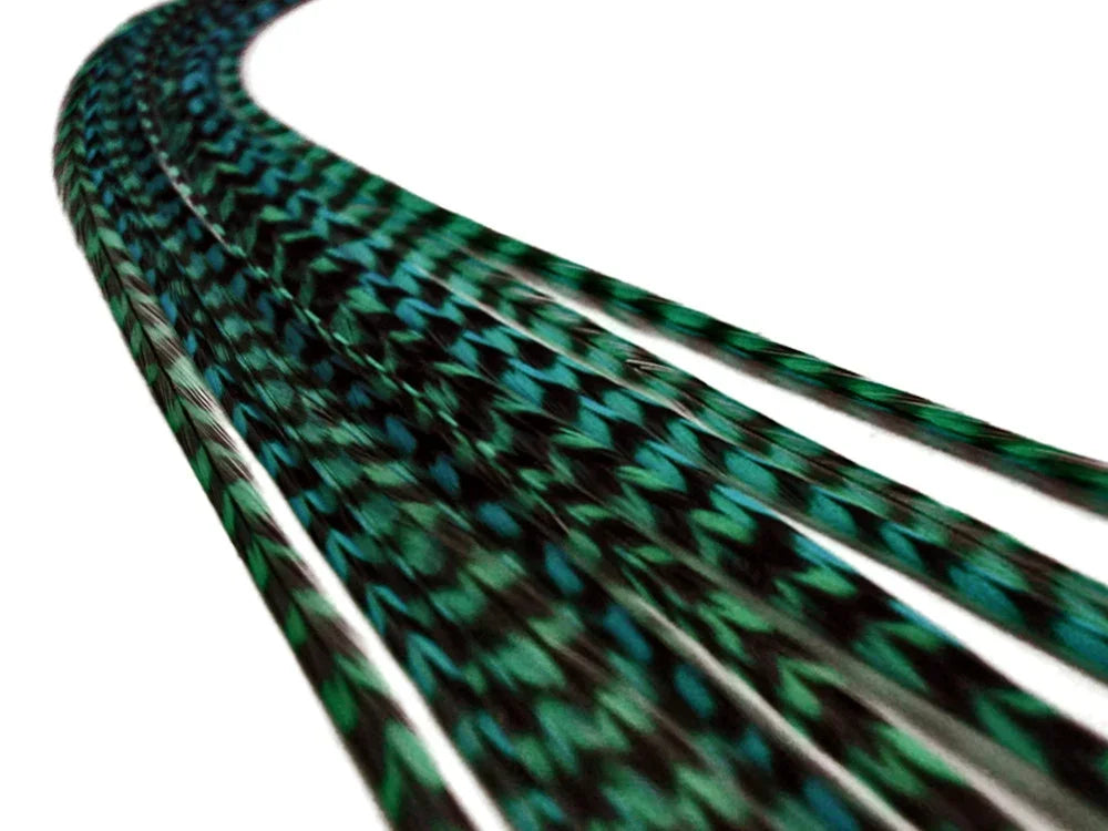 Braided teal and black feathers for craft and fashion accessories.