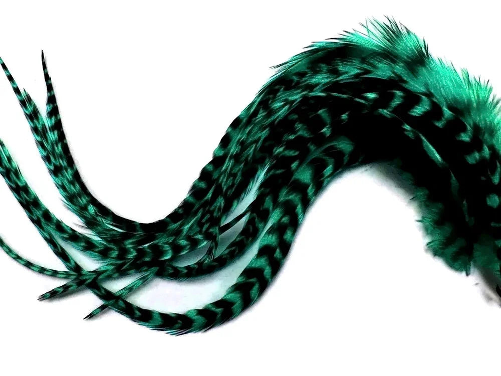 Iridescent emerald green and black striped feathers for crafts and fashion