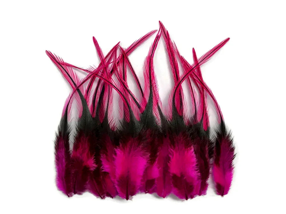 Vibrant pink and black dyed feathers for DIY crafts and fashion accessories.