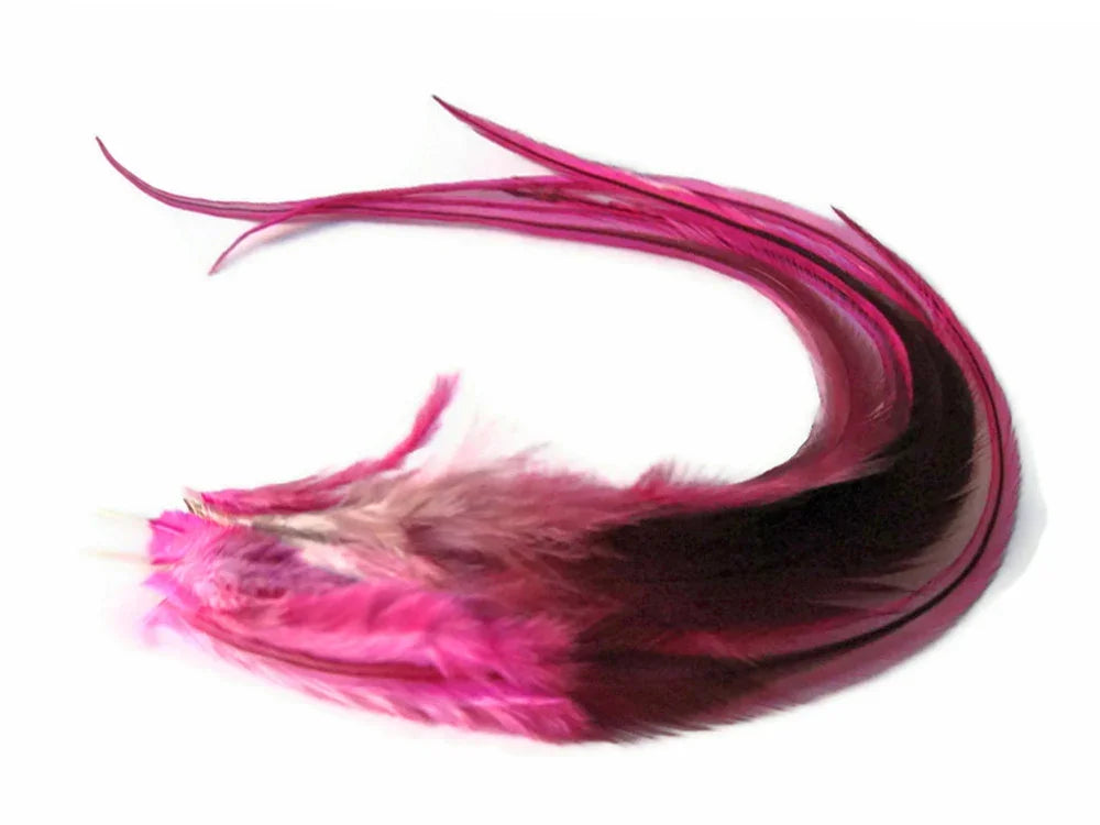 Vibrant magenta and black decorative feathers for crafts and fashion DIY supplies.
