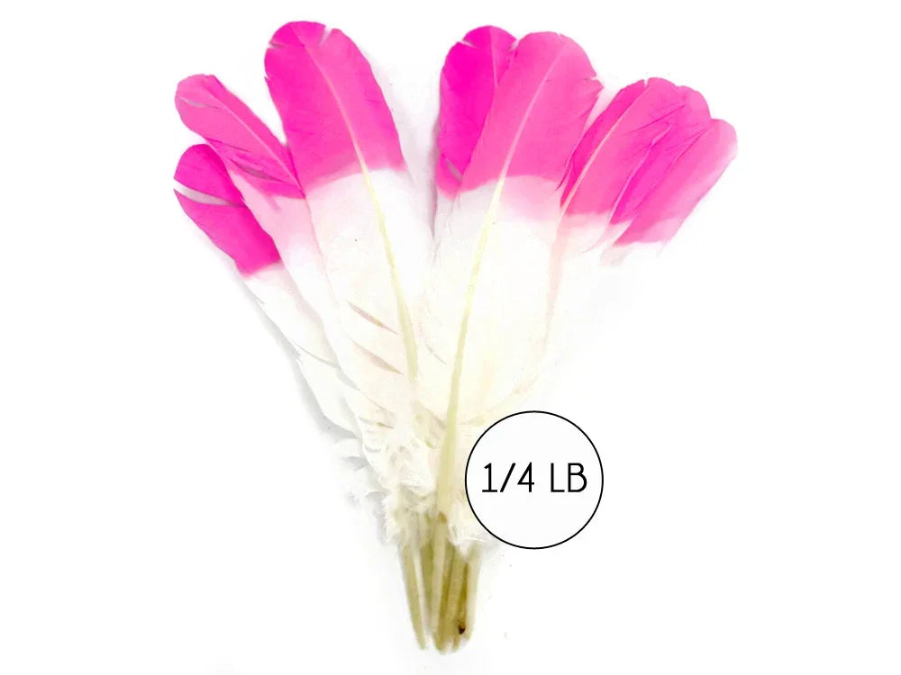 Pink and white dyed craft feathers for DIY fashion and decor, 1/4 lb pack.