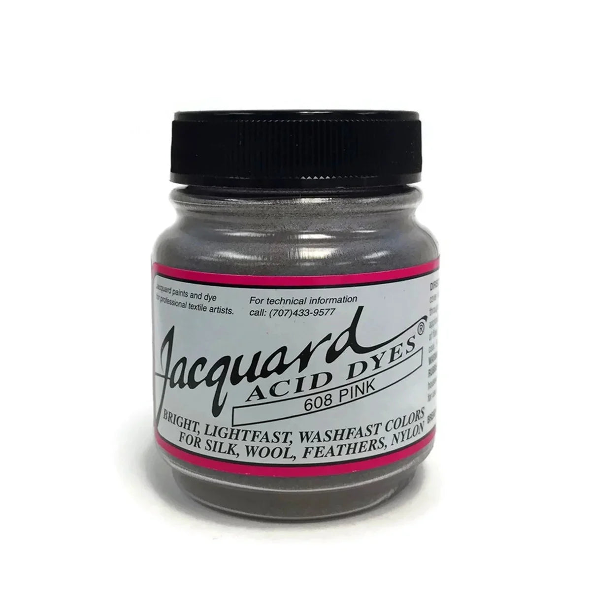 Jacquard Acid Dye 608 Pink for silk, wool, and feathers in a small glass jar.