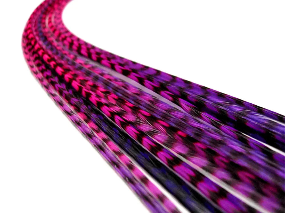Vibrant pink and purple braided feather extensions for hair crafts and fashion accessories.