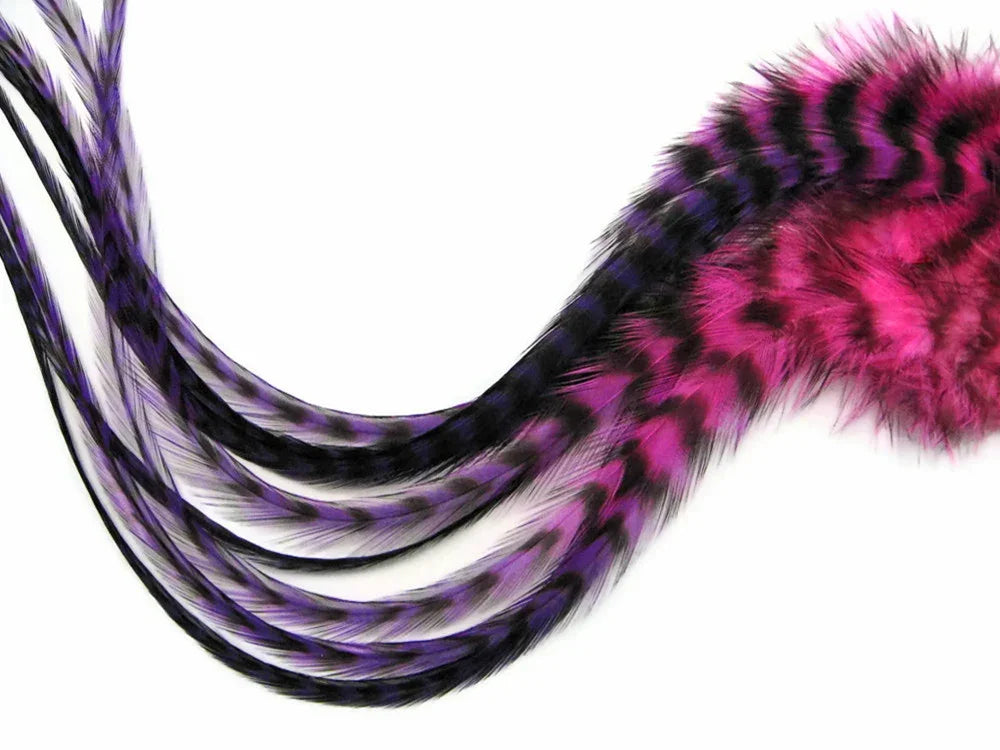 Long purple and black striped feathers with vibrant pink fluffy accents for DIY crafts.