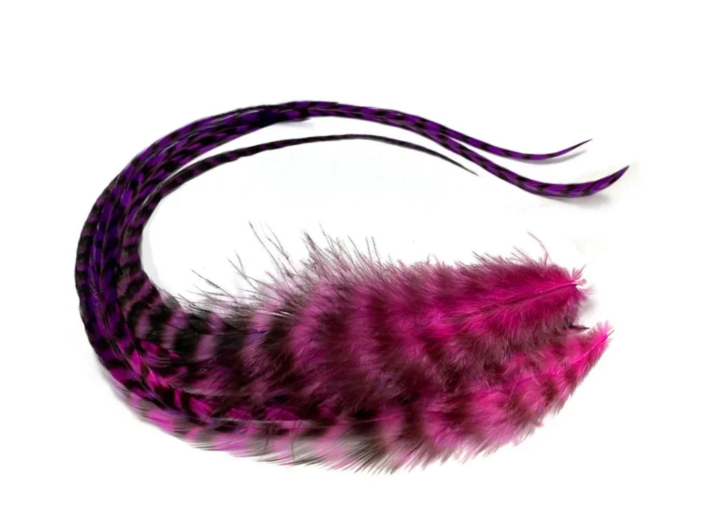 Vibrant pink and purple patterned feathers for DIY crafts and fashion decor.