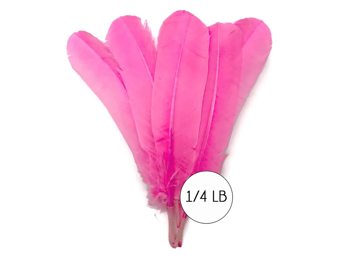 Bundle of vibrant pink craft feathers for DIY fashion and decor, 1/4 lb weight.