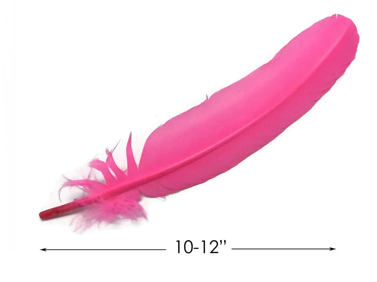 Bright pink craft feather, 10-12 inches long, for DIY fashion and decor.