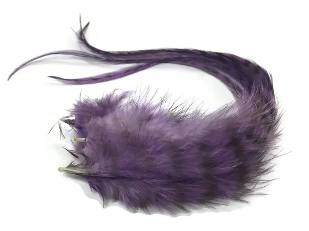 Vibrant purple striped craft feathers for DIY fashion and decor accessories.