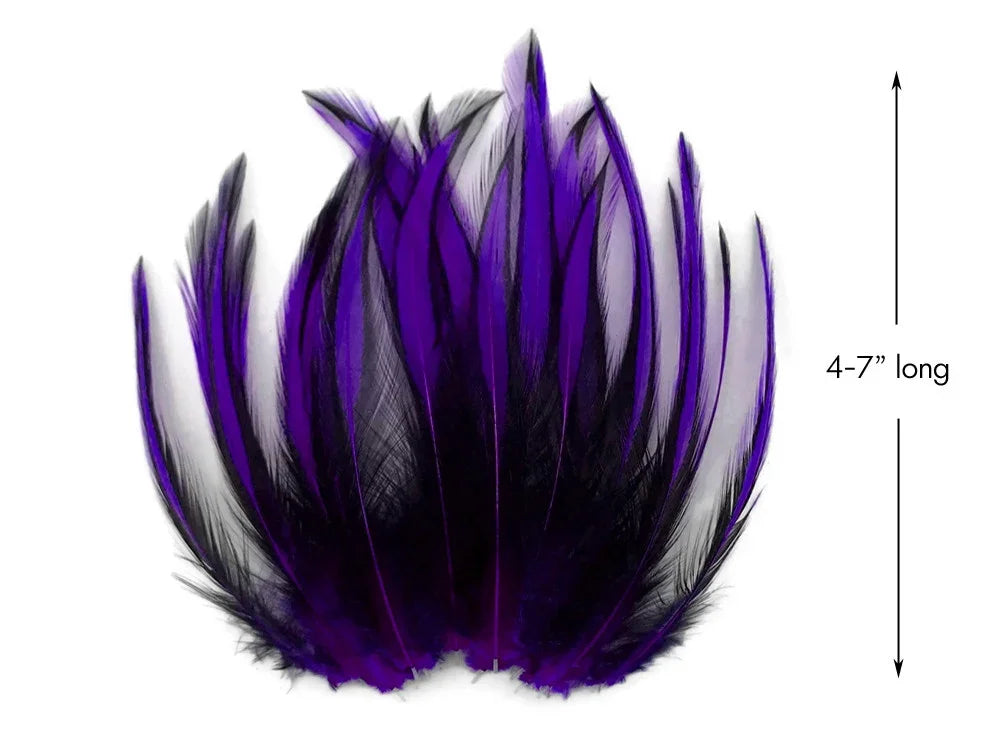 Vibrant purple and black craft feathers, 4-7 inches long, for DIY fashion and decor.