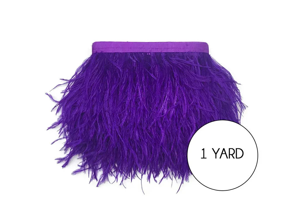 One yard of vibrant purple feather trim for fashion and DIY crafts.