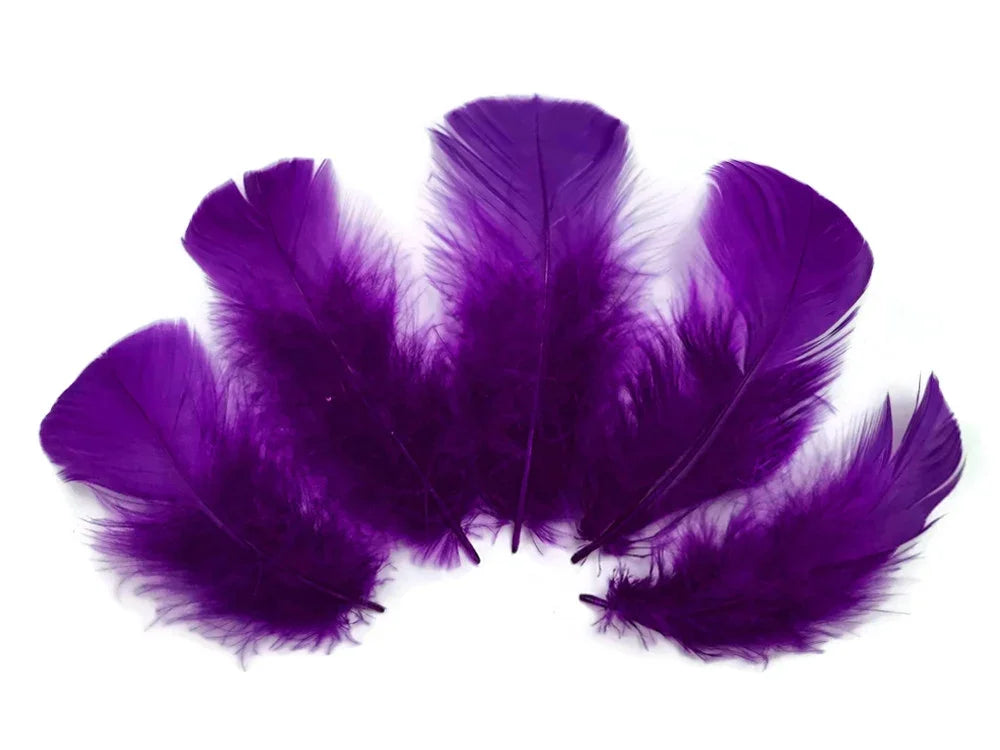 Vibrant purple craft feathers arranged in a fan shape on a white background.