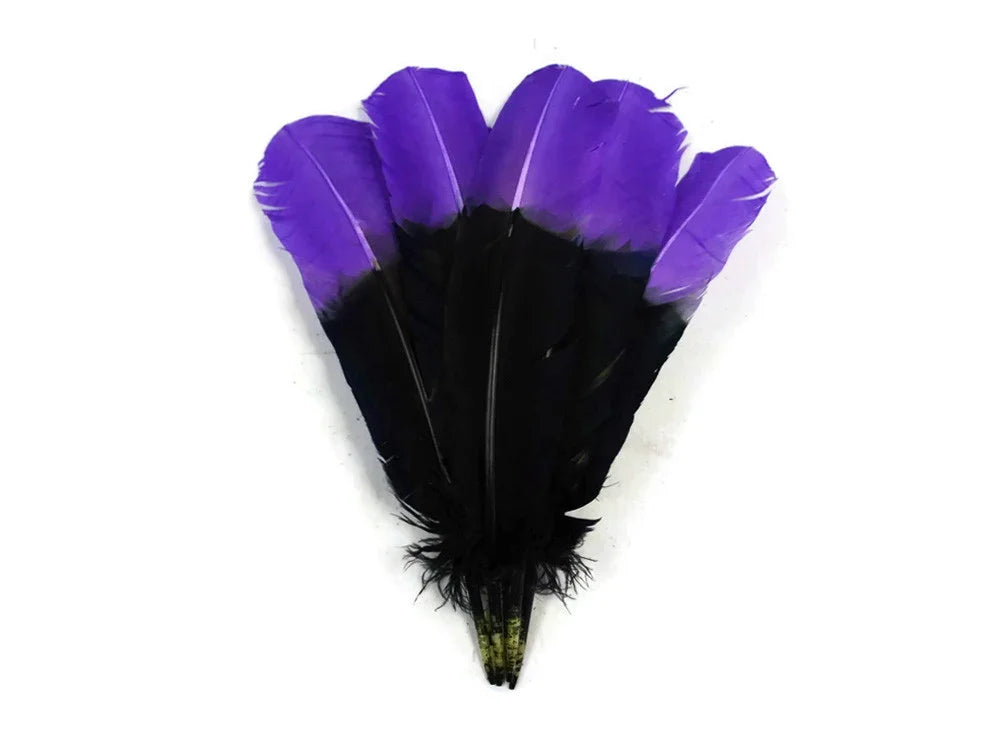 Vibrant purple and black dyed craft feathers for DIY fashion and décor.