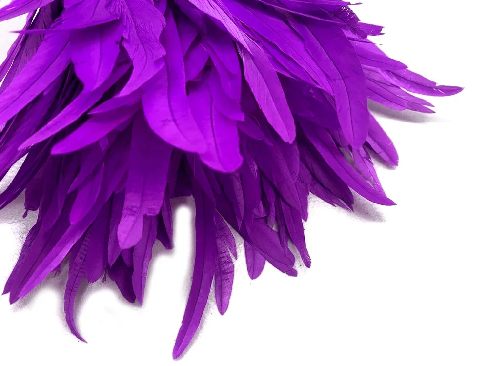 2.5 Inch Strip - 8-10" Purple Strung Natural Bleach & Dyed Coque Tails Feathers
