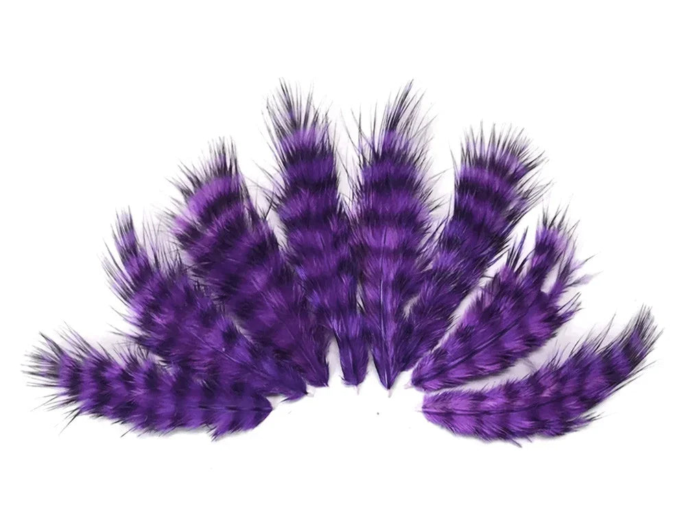 Set of vibrant purple and black striped decorative feathers for DIY crafts and fashion.