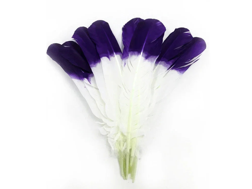 Purple and white dyed craft feathers for DIY fashion and decor.