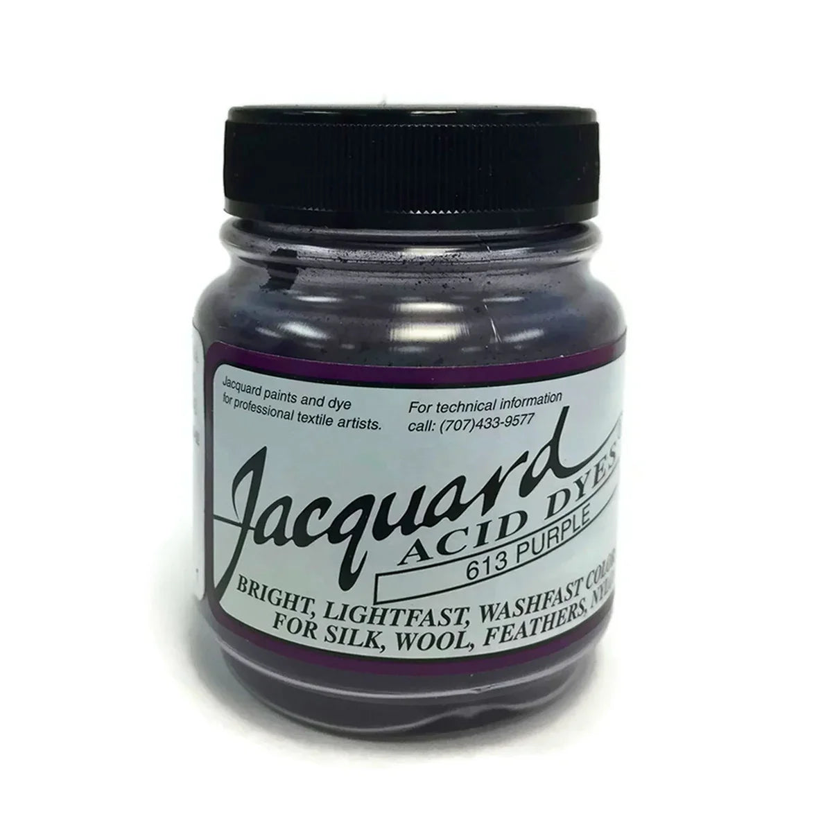 Jacquard 613 Purple acid dye jar for silk, wool, and feathers.